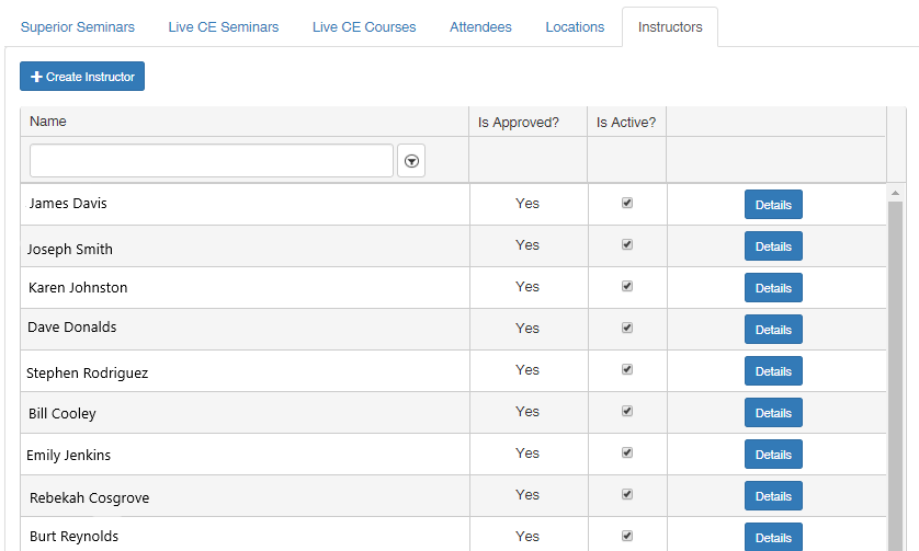 Success Live Track Admin Panel displaying Approved CE Instructors