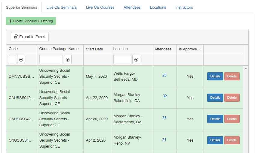Success Live Track Admin panel displaying upcoming Instructor-led Live CE presentations
